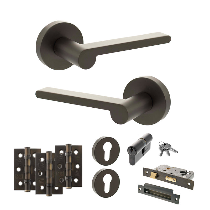 Senza Pari Darrio Door Handle Pack (Euro Lock Set - 2.5" CE Sashlock, 3" Fire Rated Hinges x3) - Urban Dark Bronze - ADPSPRO218UDB20