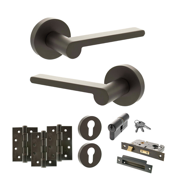 Senza Pari Darrio Door Handle Pack (Euro Lock Set - 3" CE Sashlock, 4" Fire Rated Hinges x3) - Urban Dark Bronze - ADPSPRO218UDB23