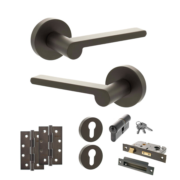 Senza Pari Darrio Door Handle Pack (Euro Lock Set - 2.5" CE Sashlock, 4" Slim Knuckle Hinges x2) - Urban Dark Bronze - ADPSPRO218UDB24