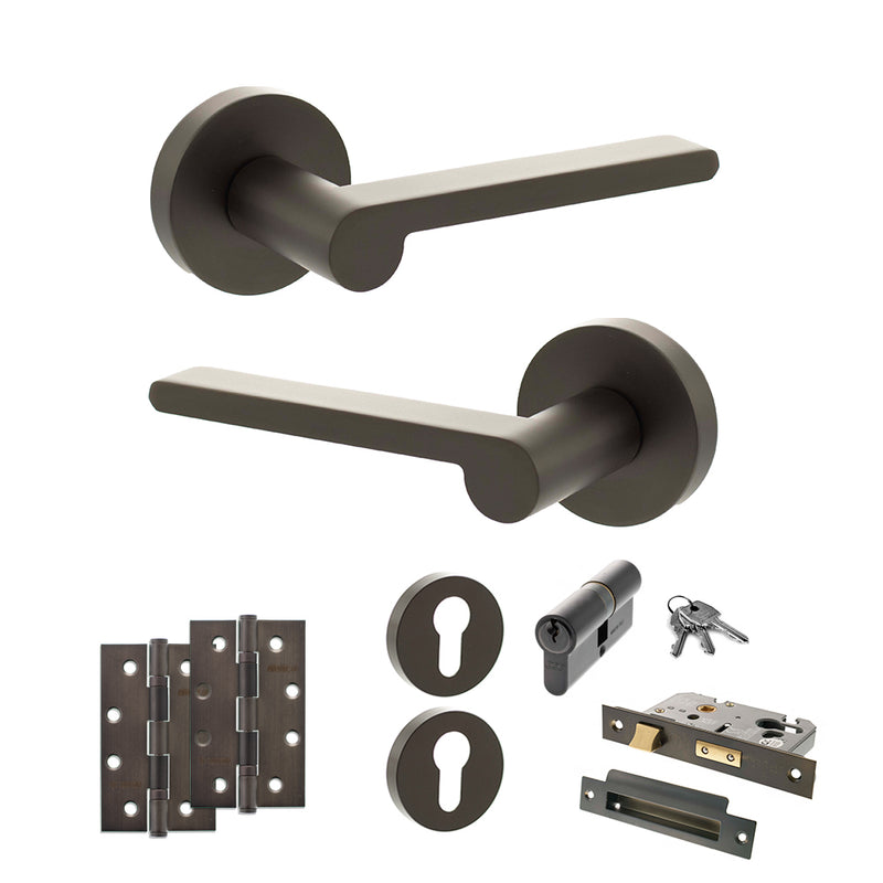 Senza Pari Darrio Door Handle Pack (Euro Lock Set - 3" CE Sashlock, 4" Slim Knuckle Hinges x2) - Urban Dark Bronze - ADPSPRO218UDB25