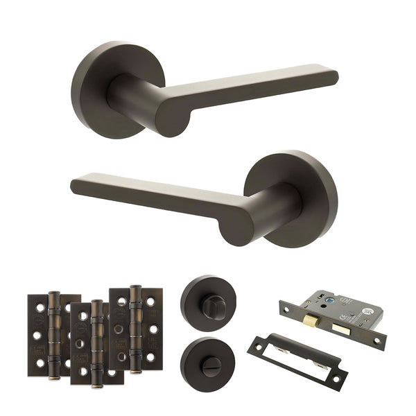 Senza Pari Darrio Door Handle Pack (Bathroom Set - 2.5" CE Bathroom Lock, 3" Fire Rated Hinges x3) - Urban Dark Bronze - ADPSPRO218UDB8