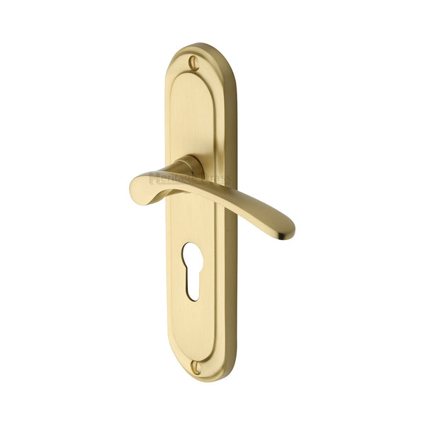 Heritage Brass Door Handle for Euro Profile Plate Ambassador Design Satin Brass finish - AMB6248-SB - Choice Handles