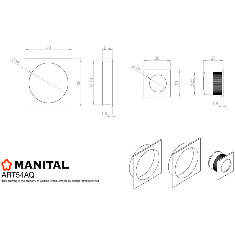 Manital - Square Sliding Door Rose with Flush Pull - Polished Chrome - ART54AQCP - Choice Handles