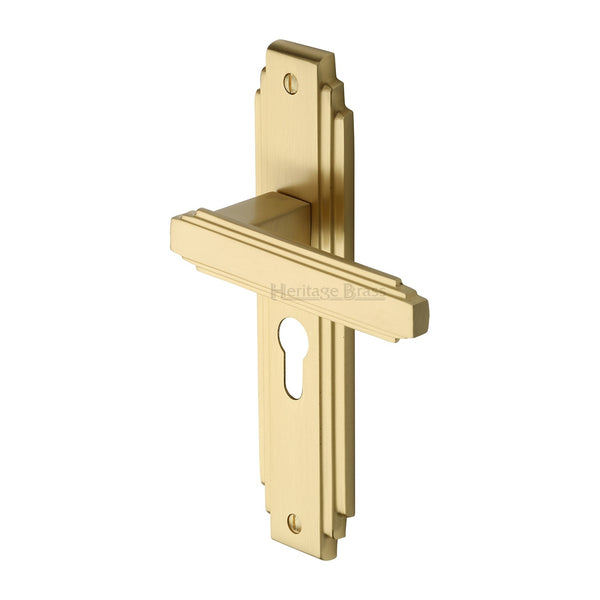 Heritage Brass Door Handle Euro Profile Astoria Design Satin Brass finish - AST5948-SB - Choice Handles