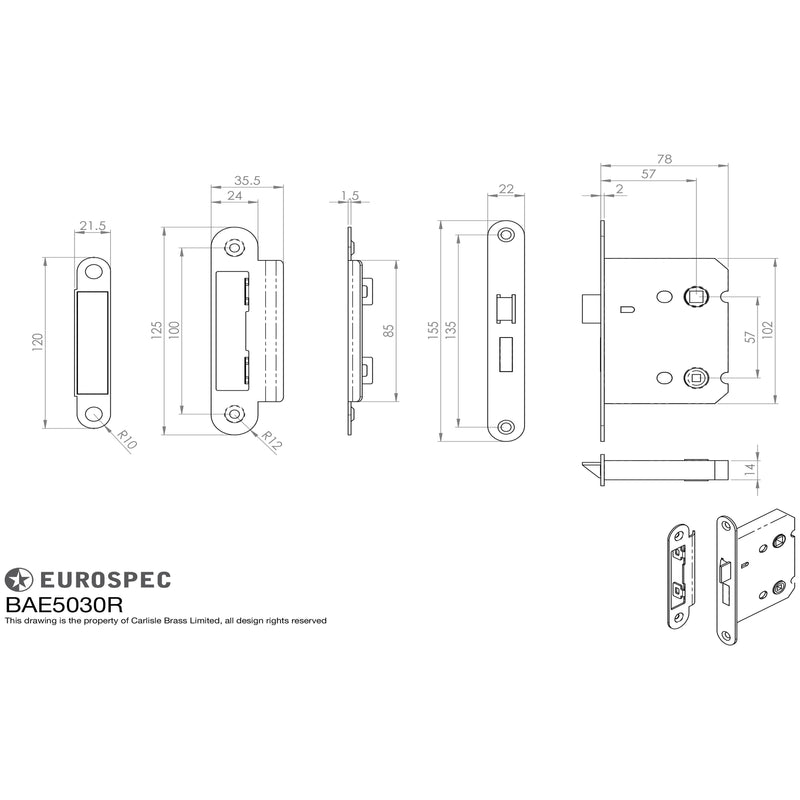 Eurospec - Easi-T Residential Bathroom Lock 78mm Radius - Electro Brassed - BAE5030EB/R - Choice Handles