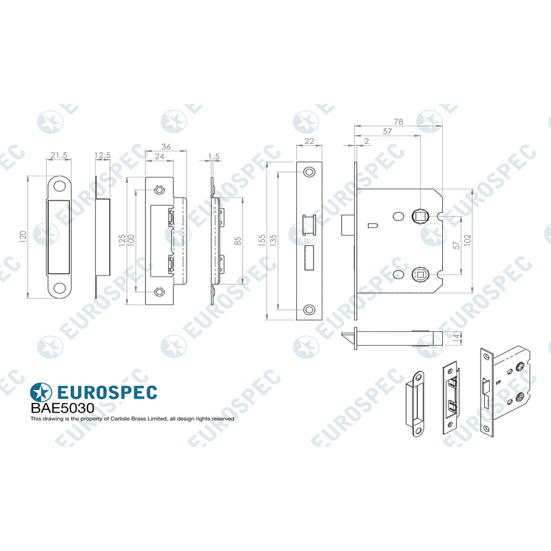 Eurospec - Easi-T Residential Bathroom Lock 78mm  - Satin Brass - BAE5030SB - Choice Handles