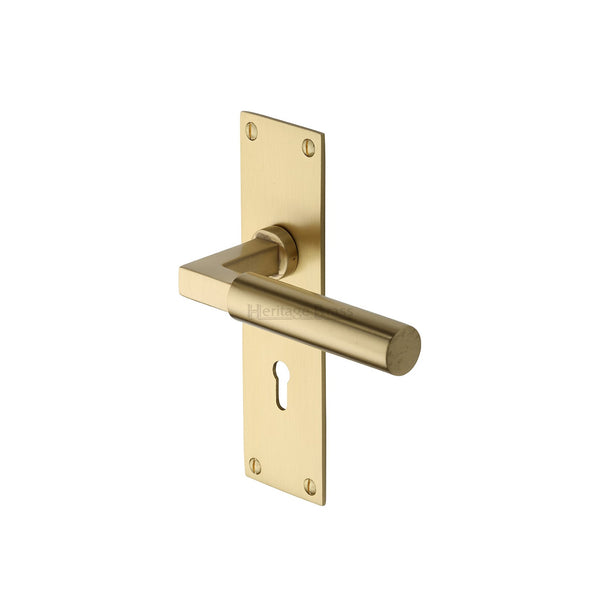 Heritage Brass Door Handle Lever Lock Bauhaus Design Satin Brass finish - BAU7300-SB - Choice Handles