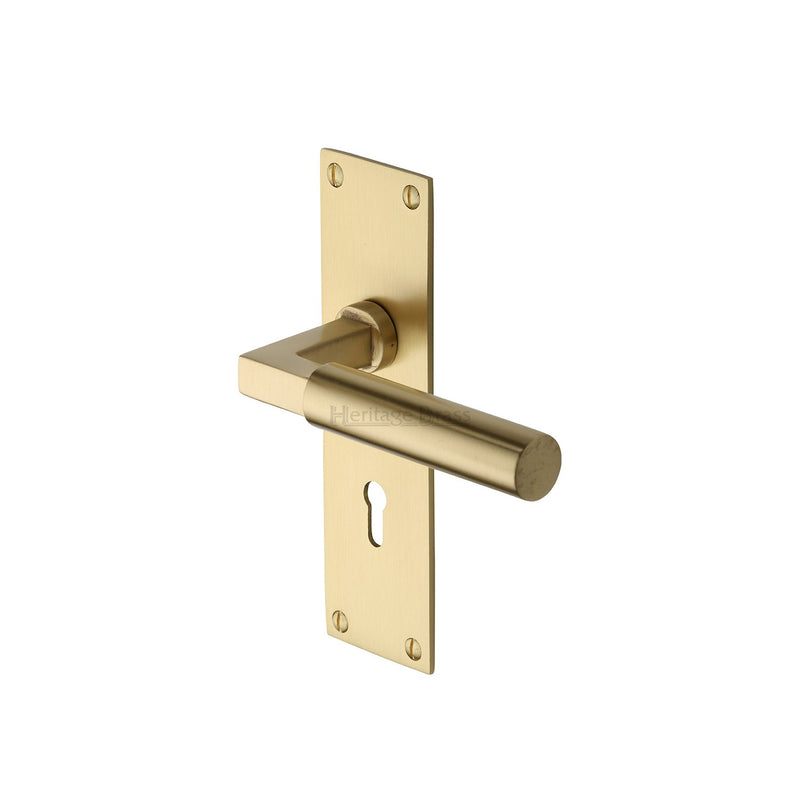 Heritage Brass Door Handle Lever Lock Bauhaus Design Satin Brass finish - BAU7300-SB - Choice Handles