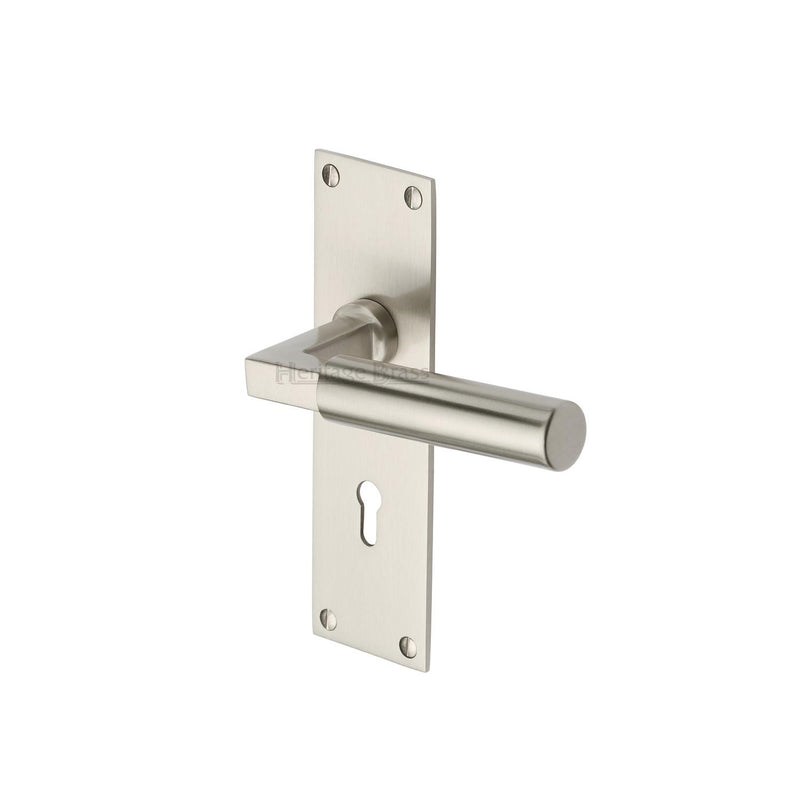 Heritage Brass Door Handle Lever Lock Bauhaus Design Satin Nickel finish - BAU7300-SN - Choice Handles