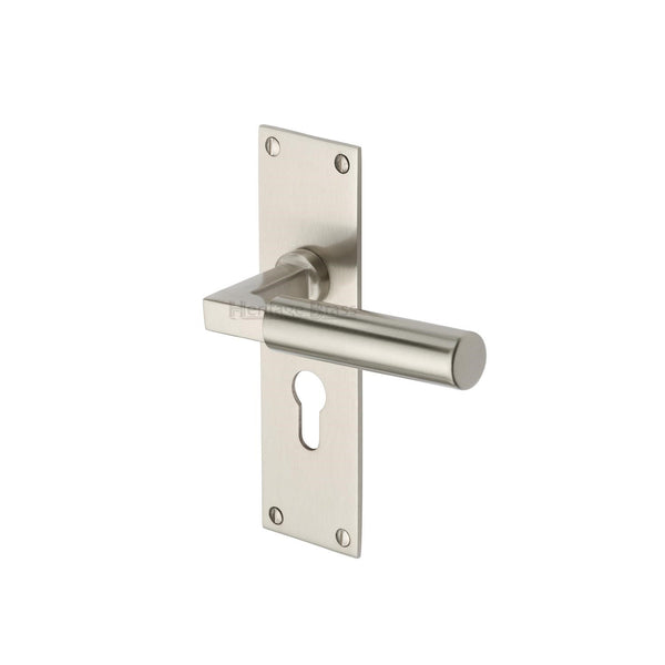 Heritage Brass Door Handle for Euro Profile Plate Bauhaus Design Satin Nickel finish - BAU7348-SN - Choice Handles
