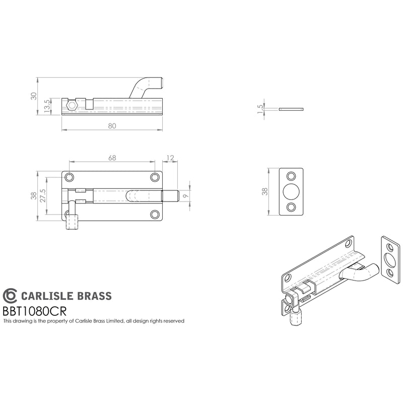 Eurospec - Cranked Barrel Bolt 80mm x 38m - Satin Stainless Steel - BBT1080CR/SSS - Choice Handles