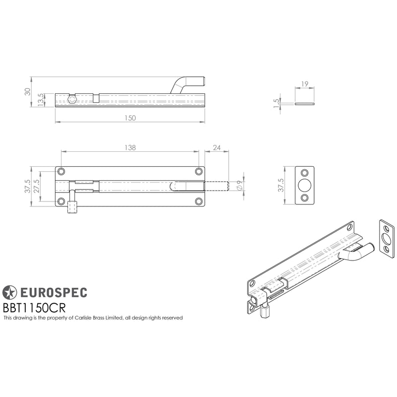 Eurospec - Cranked Barrel Bolt 150mm x 38mm - Satin Stainless Steel - BBT1150CR/SSS - Choice Handles