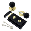 Prima - Door Rim Lock + Ebony Reeded Rim Knob 155mm x 105mm - Black - BH1024BL