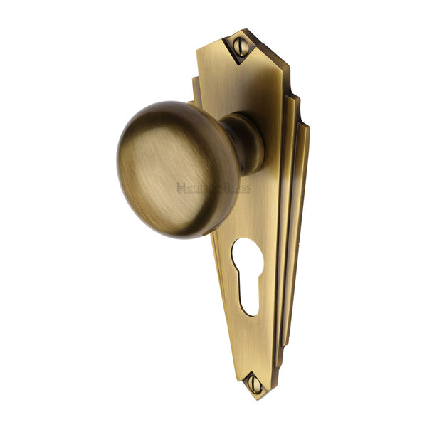 Heritage Brass Mortice Knob on Euro Profile Plate Broadway Design Antique finish - BR1848-AT - Choice Handles