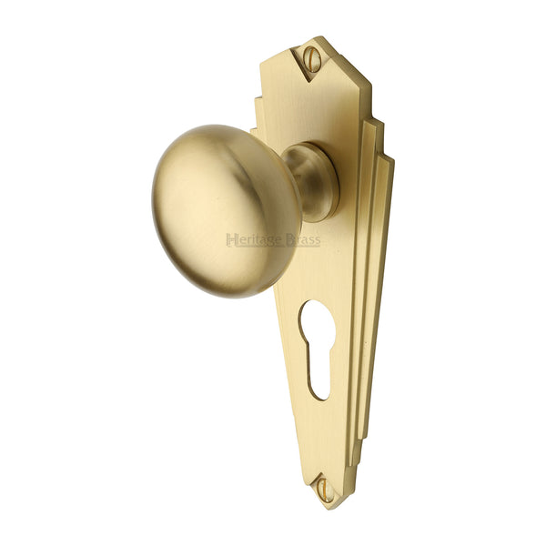 Heritage Brass Mortice Knob on Euro Profile Plate Broadway Design Satin Brass finish - BR1848-SB - Choice Handles