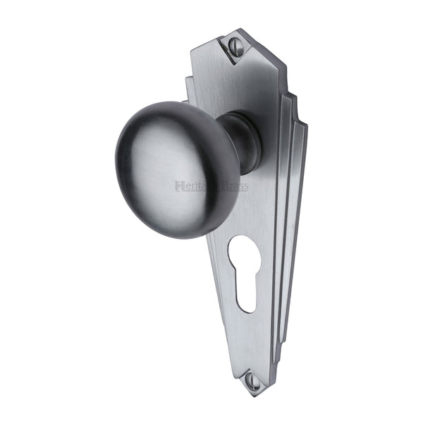 Heritage Brass Mortice Knob on Euro Profile Plate Broadway Design Satin Chrome finish - BR1848-SC - Choice Handles