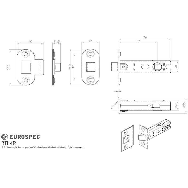 Carlisle Brass - 76mm Bolt-Through Tubular Latch - 8mm Follower - Nickel Plated - Radius - Nickel Plate - BTL4/R - Choice Handles