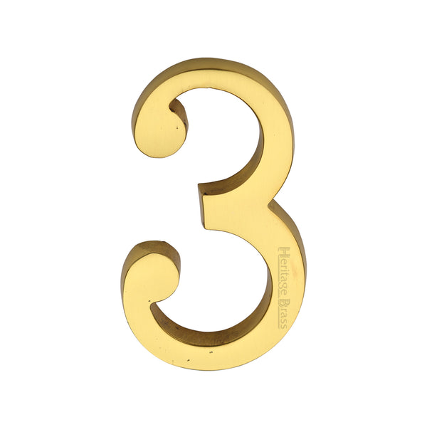 Heritage Brass Numeral 3 Concealed Fix 76mm (3") Polished Brass finish - C1564 3-PB - Choice Handles