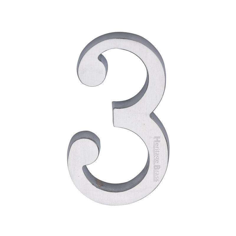 Heritage Brass Numeral 3 Concealed Fix 76mm (3") Satin Chrome finish - C1564 3-SC - Choice Handles