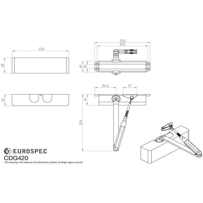 Eurospec - Overhead Door Closer En2-4 C/W Bc Fig 6 Bracket Full Cover And Armset En1154 - Satin Nickel - CDG420/SNP - Choice Handles