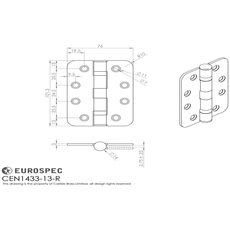 Eurospec - 102 X 102 X 3mm Ball Bearing Hinge Grade 13 - 316 C/W Screws (Pair) - Radius - Satin Stainless Steel - CEN1443/13SSS/R - Choice Handles