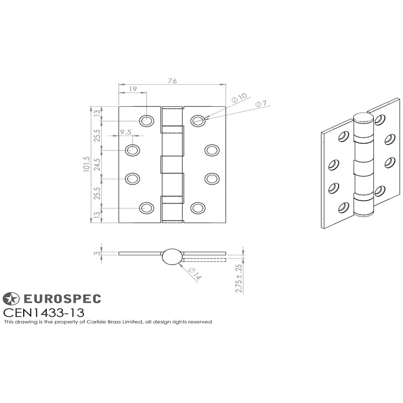 Eurospec - 102 X 89 X 3mm Thrust Bearing Hinge Grade 13 C/W Screws (Pair) - Satin Stainless Steel - H2N1102/13SSS - Choice Handles