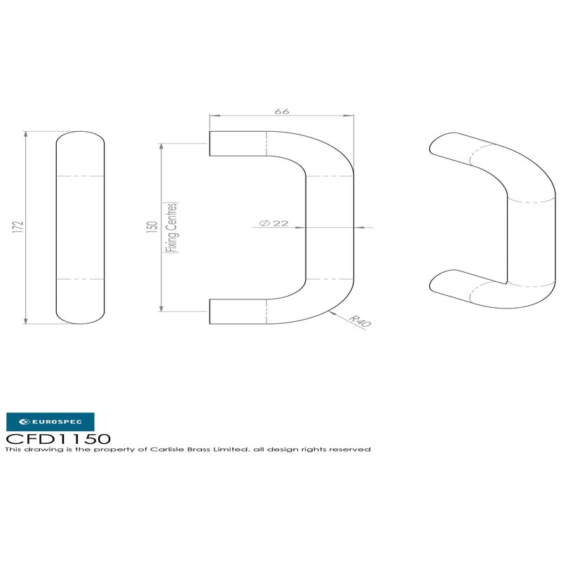 Eurospec - 22mm D Pull Handle 150mm Centres - Satin Stainless Steel - CFD1150SSS