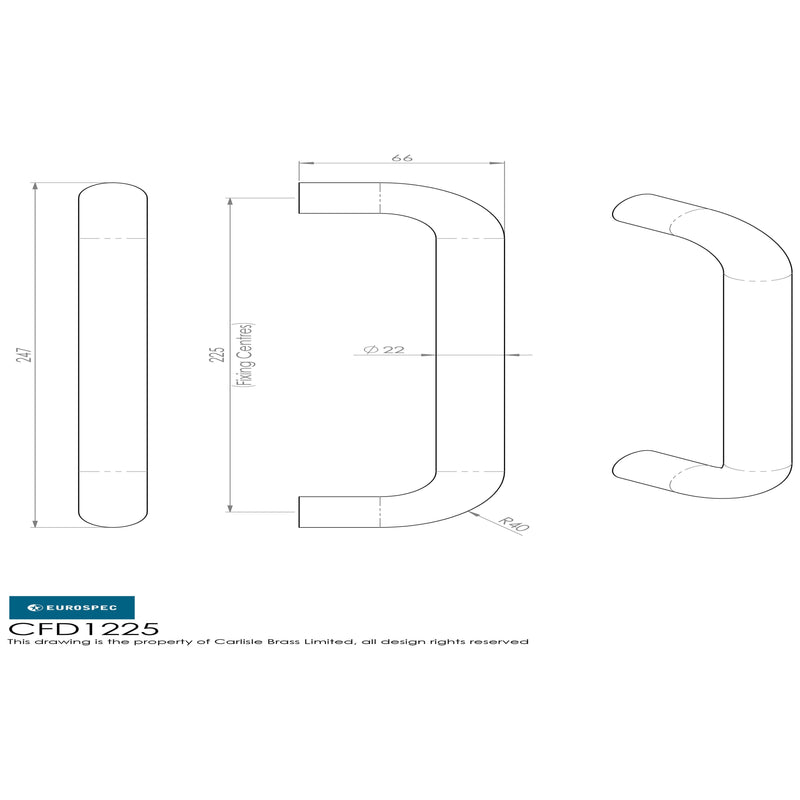 Eurospec - 22mm D Pull Handle 225mm Centres - Satin Stainless Steel - CFD1225SSS