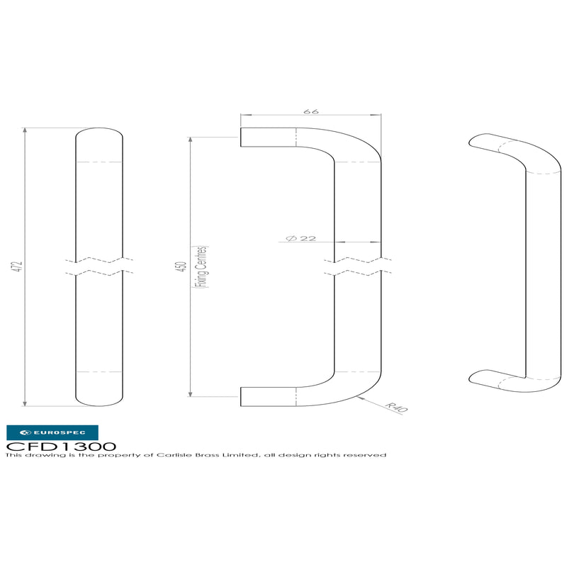 Eurospec - 22mm D Pull Handle 300mm Centres - Satin Stainless Steel - CFD1300SSS