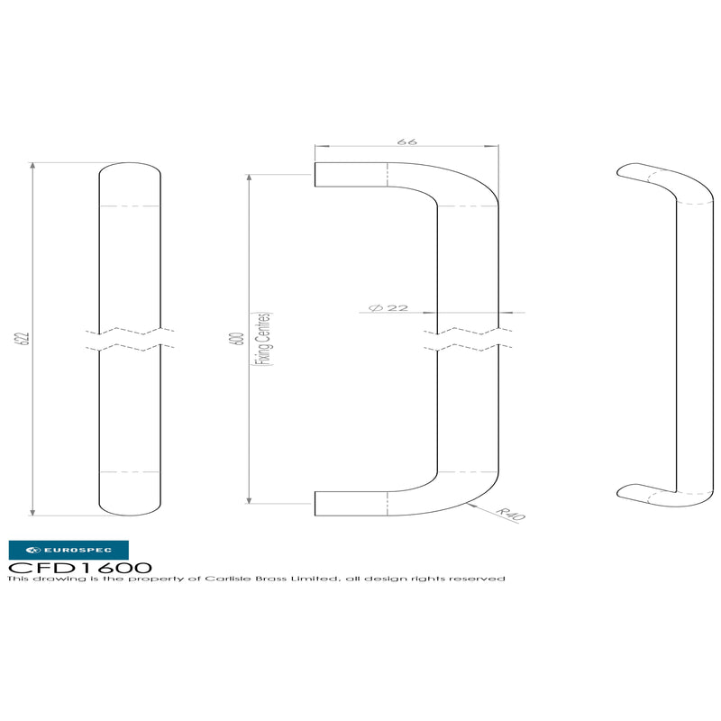 Eurospec - 22mm D Pull Handle 600 Centres - Satin Stainless Steel - CFD1600SSS
