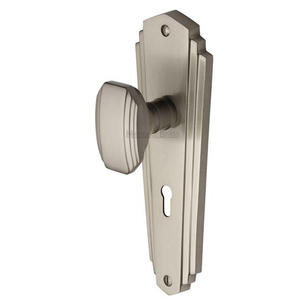 Heritage Brass Mortice Knob on Lock Plate Charlston Design Satin Nickel finish - CHA1900-SN - Choice Handles