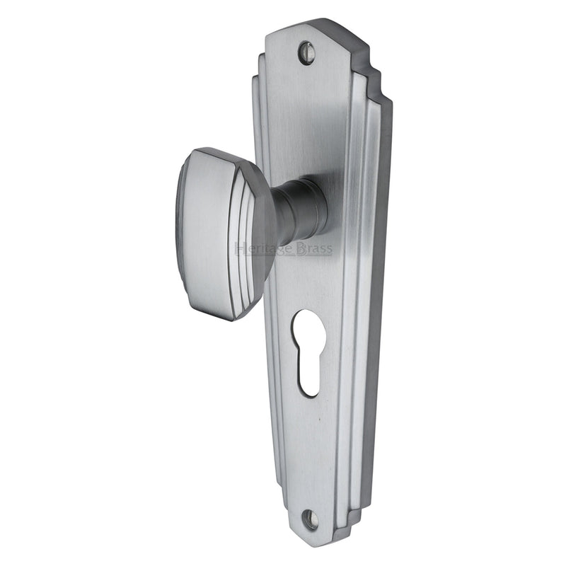 Heritage Brass Mortice Knob on Euro Profile Plate Charlston Design Satin Chrome finish - CHA1948-SC - Choice Handles