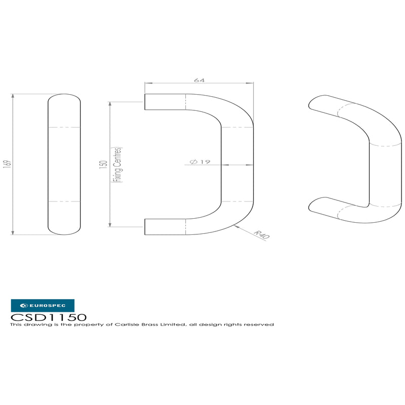 Eurospec - 19mm D Pull Handle 150mm Centres - Bright Stainless Steel - CSD1150BSS