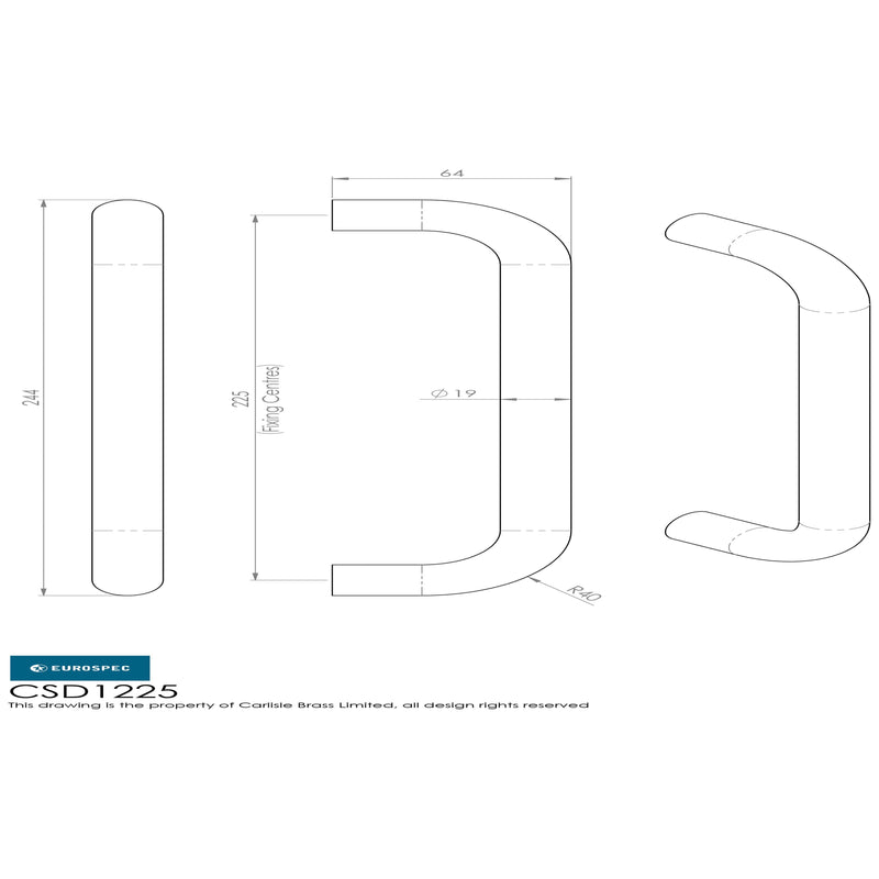 Eurospec - 19mm D Pull Handle 225mm Centres - Satin Stainless Steel - CSD1225SSS