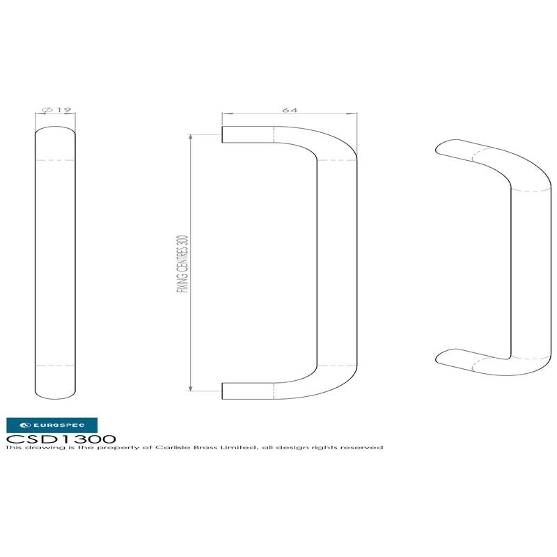 Eurospec - 19mm D Pull Handle 300mm Centres  - Bright Stainless Steel - CSD1300BSS