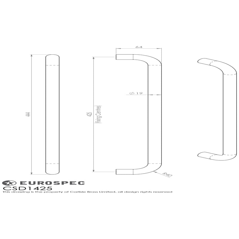 Eurospec - 19mm D Pull Handle, 450mm Centres - Satin Stainless Steel - CSD1450SSS