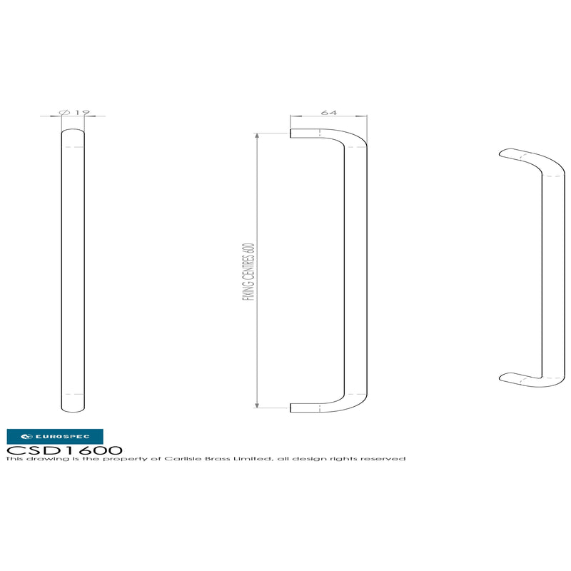 Eurospec - 19mm D Pull Handle 600mm Centres - Bright Stainless Steel - CSD1600BSS