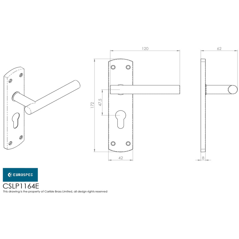 Eurospec - Steelworx Residential T Bar Lever on Euro Lock Backplate - Satin Stainless Steel - CSLP1164E/SSS - Choice Handles