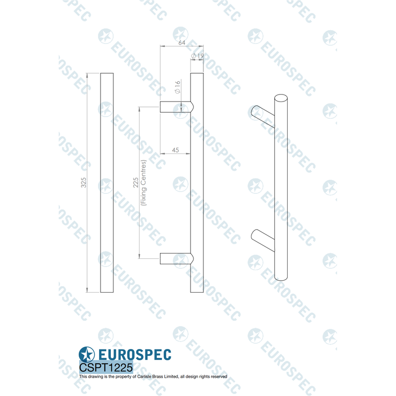 Eurospec - 19mm Dia. Straight T Bar Pull Handle G201 (225mm C/C) - Satin Stainless Steel - CSPT1225SSS/201
