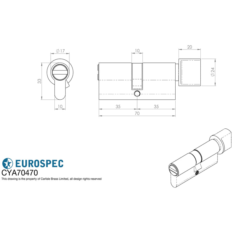 Eurospec - Euro Bathroom Cylinder and Turn 70mm (35/35mm) - Satin Chrome - CYA70470SC