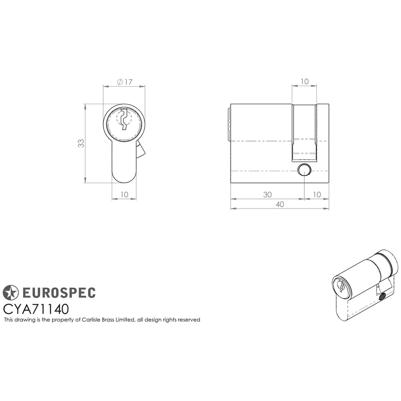 Eurospec - Euro Single Cylinder 40mm (30/10mm) - Satin Chrome - CYA71140SC