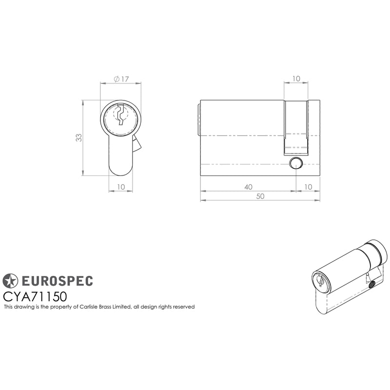 Eurospec - Euro Single Cylinder 50mm (40/10mm) - Satin Chrome - CYA71150SC
