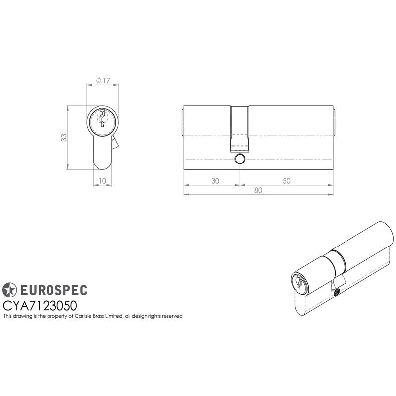 Eurospec - Offset Euro Double Cylinder 30-50mm - Satin Chrome - CYA7123050SC