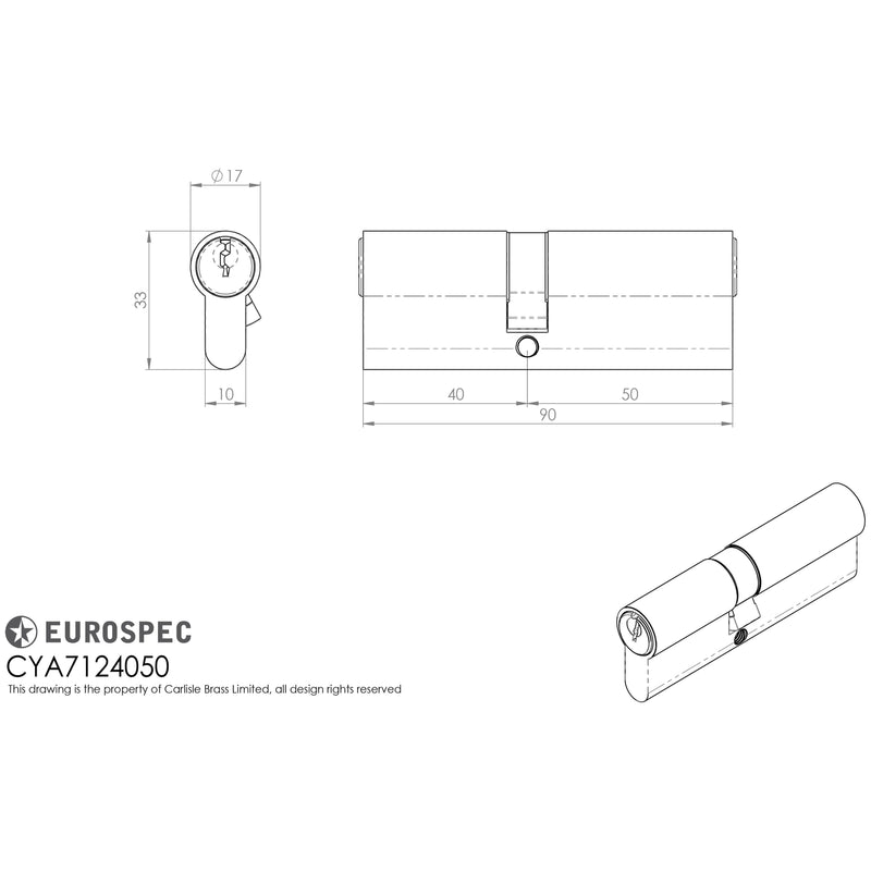 Eurospec - Offset Euro Double Cylinder 90mm (40/50mm) - Satin Chrome - CYA7124050SC