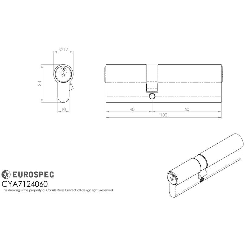 Eurospec - Offset Euro Double Cylinder 100mm (40/60mm) - Satin Chrome - CYA7124060SC