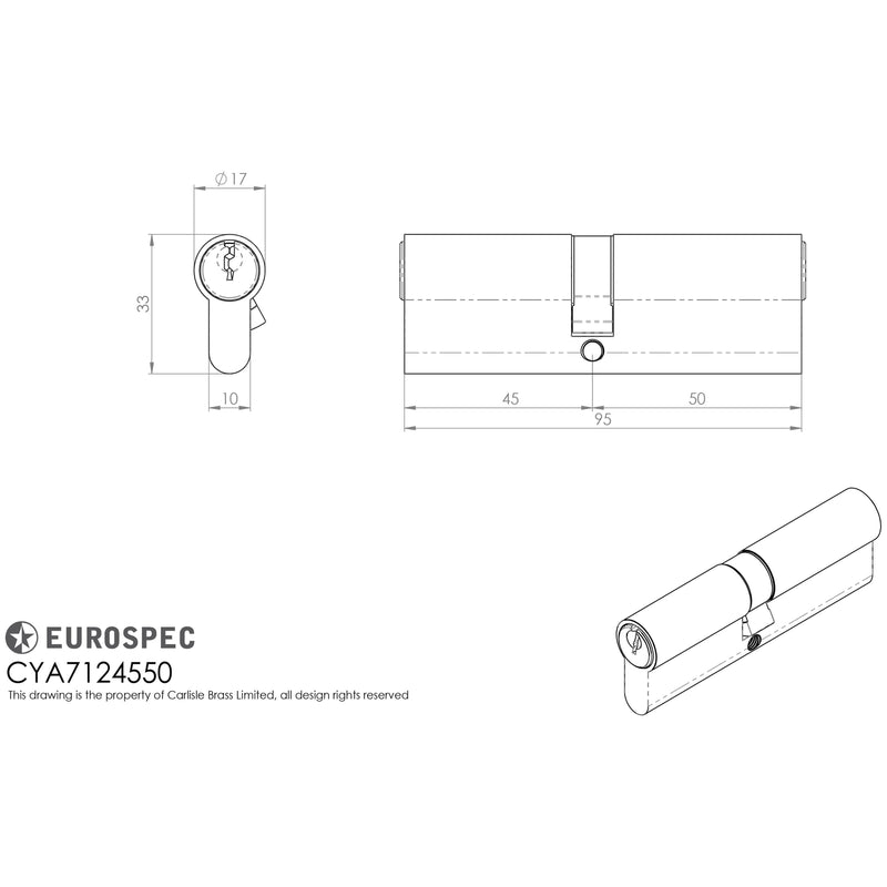Eurospec - Offset Euro Double Cylinder 95mm (45/50mm) - Satin Chrome - CYA7124550SC