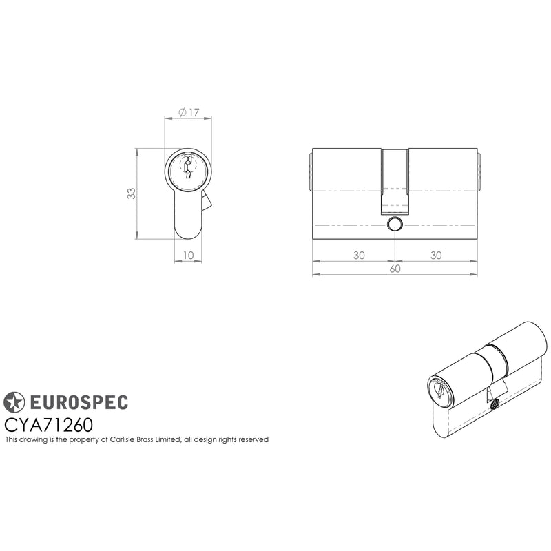 Eurospec - Euro Double Cylinder 60mm (30/30mm) - Satin Chrome - CYA71260SC