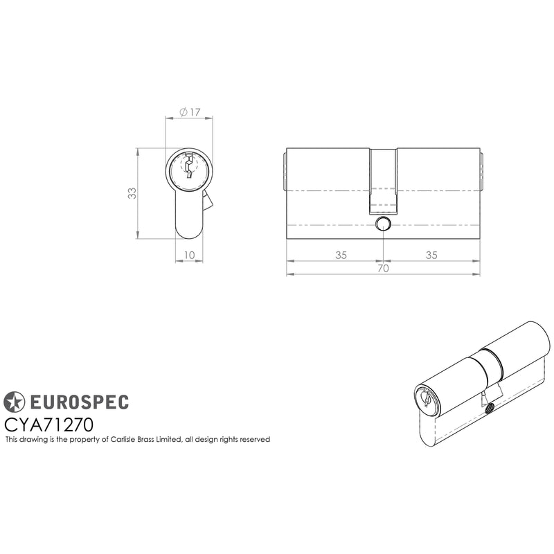 Eurospec - Euro Double Cylinder 70mm (35/35mm) - Satin Brass - CYA71270SB