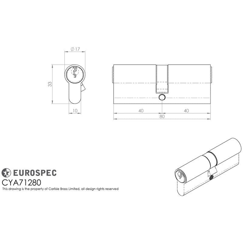 Eurospec - Euro Double Cylinder 80mm (40/40mm) - Satin Chrome - CYA71280SC