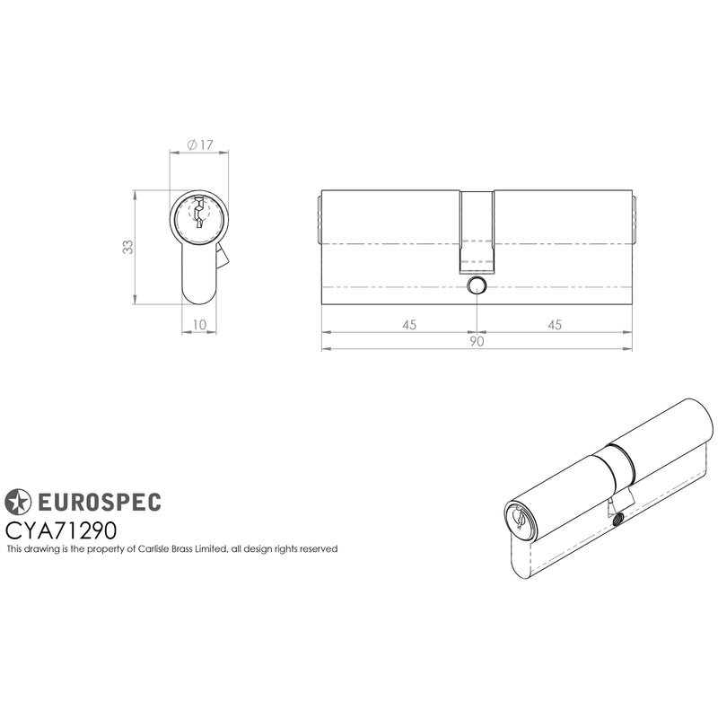 Eurospec - Euro Double Cylinder 90mm (45/45mm) - Polished Brass - CYA71290PB